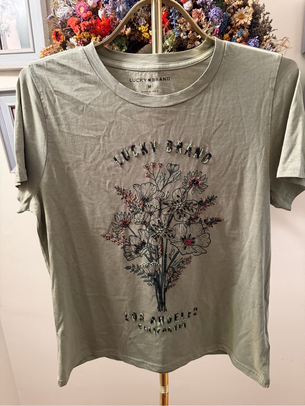 Lucky Brand Sage Green Floral Graphic Tee